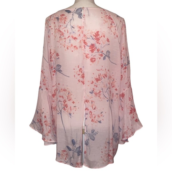LC Lauren Conrad Boho Pullover Sheer Blouse Flutter Sleeves in PNK Floral SZ XL - Picture 2 of 8